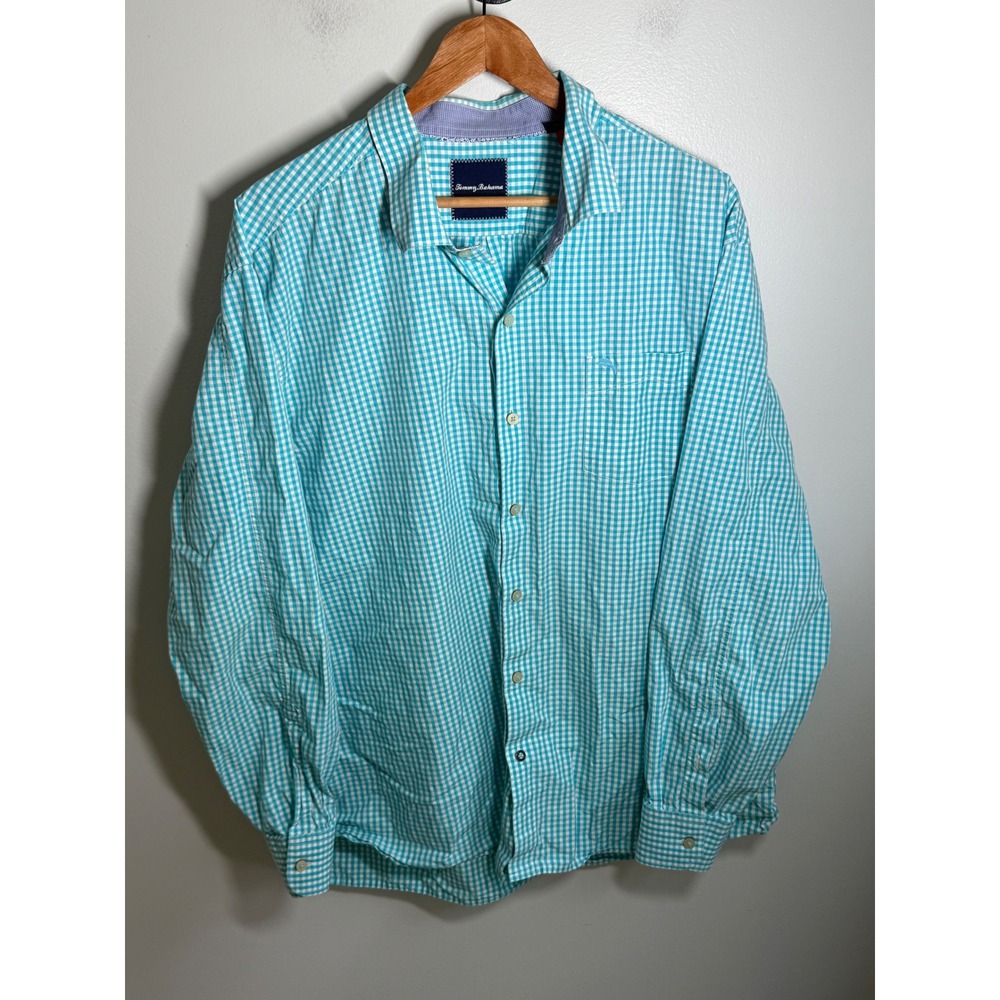 Tommy Bahama Mens XXL Pima Cotton Gingham Button Down Shirt Teal White LS